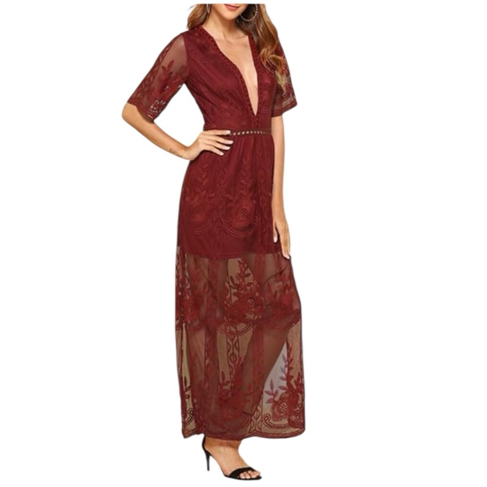 Eleter Lace Maxi Romper Women S Burgundy Sheer Deep V Boho Festival Dress